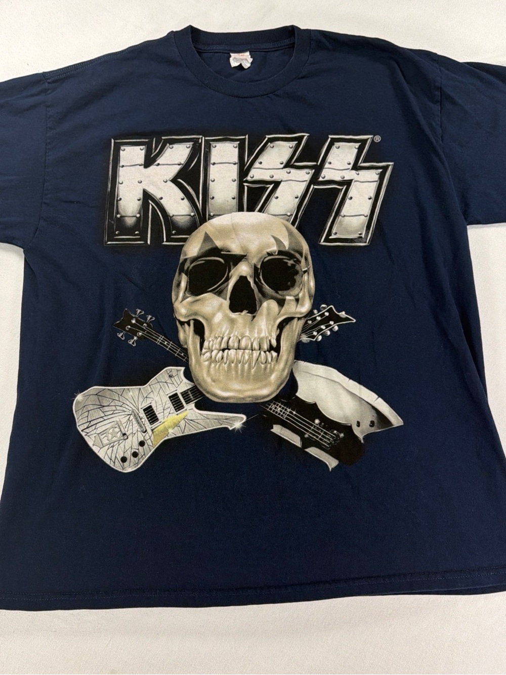 KISS TShirt Sz L Mens Navy Blue Grunge 2012 The Tour Band Skull Guitar - 1D